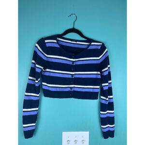 John Galt Striped Button Front Cropped Sweater — Navy Blue Purple White — One Si